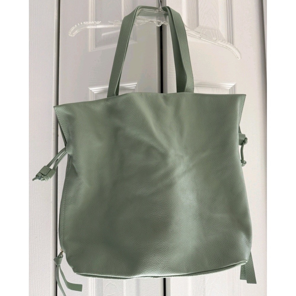 Tote Le Monde Sage Green Pebbled Leather Tote Bag Shoulder Purse Side Zippers